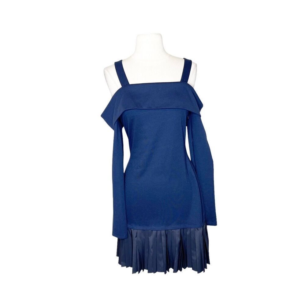 Derek Lam 10 Crosby Size Medium Dress Navy Blue Pleated Long Sleeve Off Shoulder